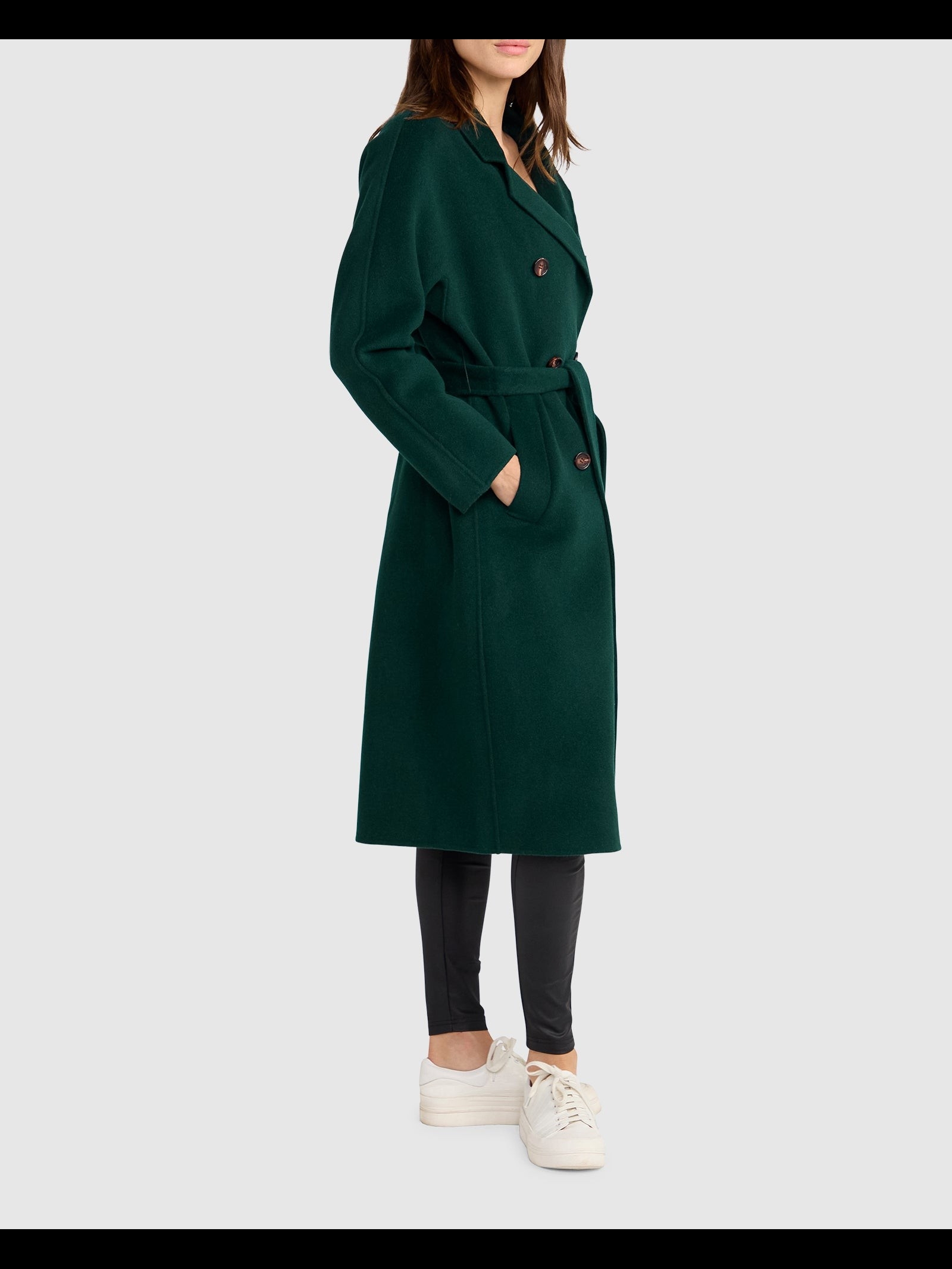 Forest Green Belted Wool-Blend Long Coat